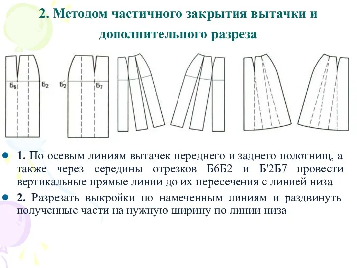 2. Методом частичного закрытия вытачки и дополнительного разреза 1. По