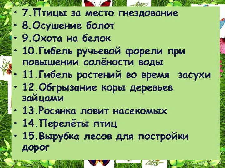 7.Птицы за место гнездование 8.Осушение болот 9.Охота на белок 10.Гибель