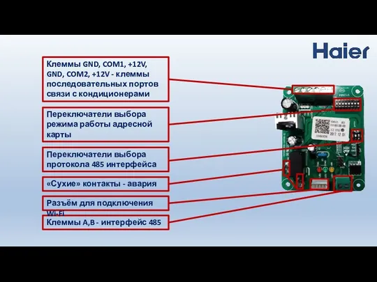 Клеммы A,B - интерфейс 485 «Сухие» контакты - авария Клеммы