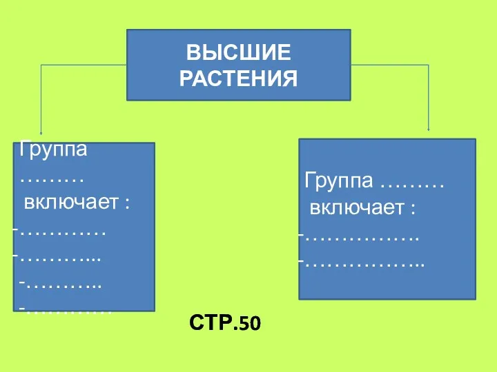 ВЫСШИЕ РАСТЕНИЯ Группа ……… включает : ………… ………... -……….. -…………