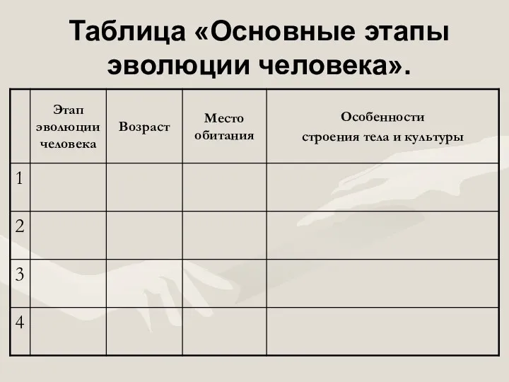 Таблица «Основные этапы эволюции человека».