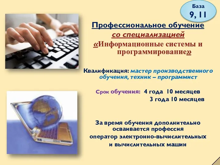 Профессиональное обучение со специализацией «Информационные системы и программирование» Квалификация: мастер