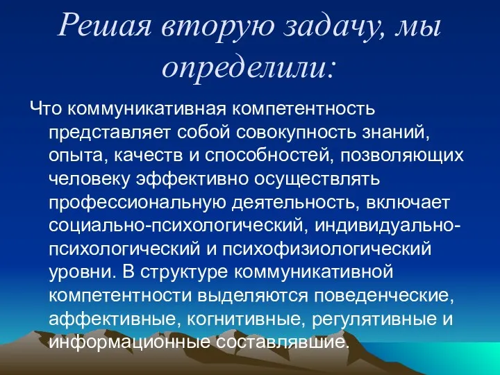 Решая вторую задачу, мы определили: Что коммуникативная компетентность представляет собой