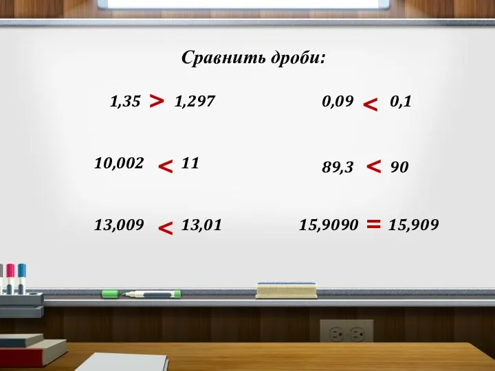 Сравнить дроби: > > > > > = 1,35 1,297