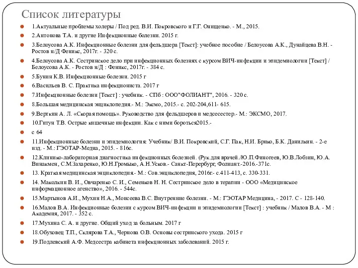 Список литературы 1.Актуальные проблемы холеры / Под ред. В.И. Покровского