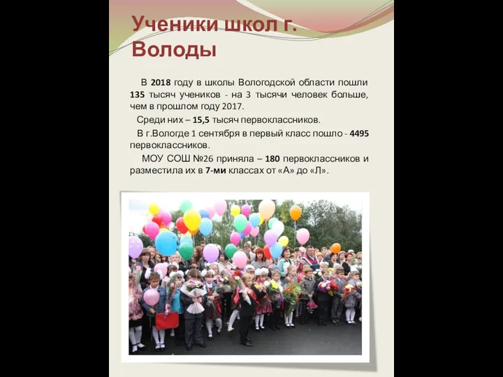 Ученики школ г.Володы В 2018 году в школы Вологодской области пошли 135 тысяч
