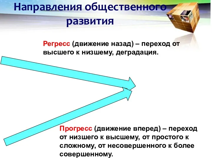 Направления общественного развития Регресс (движение назад) – переход от высшего