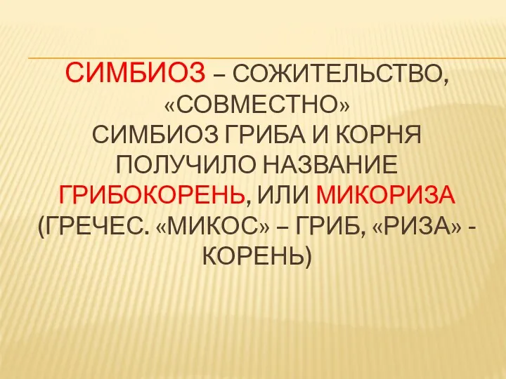 СИМБИОЗ – СОЖИТЕЛЬСТВО, «СОВМЕСТНО» СИМБИОЗ ГРИБА И КОРНЯ ПОЛУЧИЛО НАЗВАНИЕ