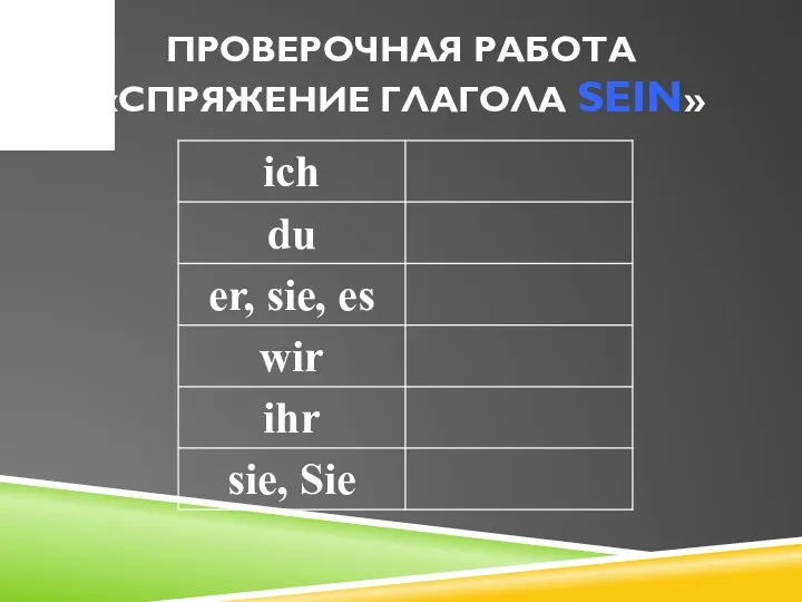 ПРОВЕРОЧНАЯ РАБОТА «СПРЯЖЕНИЕ ГЛАГОЛА SEIN»