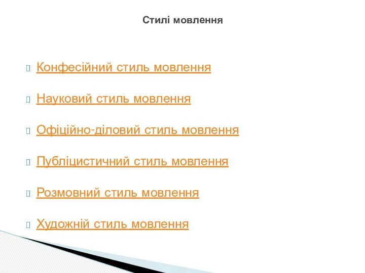 Конфесійний стиль мовлення Науковий стиль мовлення Офіційно-діловий стиль мовлення Публіцистичний