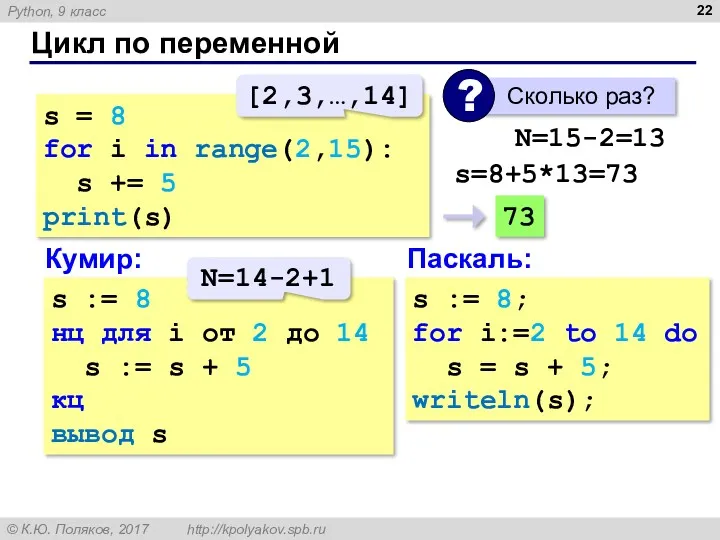 Цикл по переменной s = 8 for i in range(2,15):