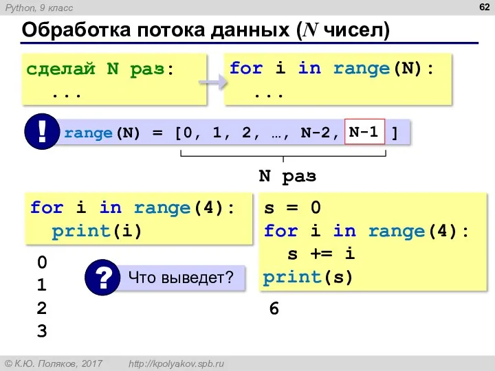 Обработка потока данных (N чисел) сделай N раз: ... for