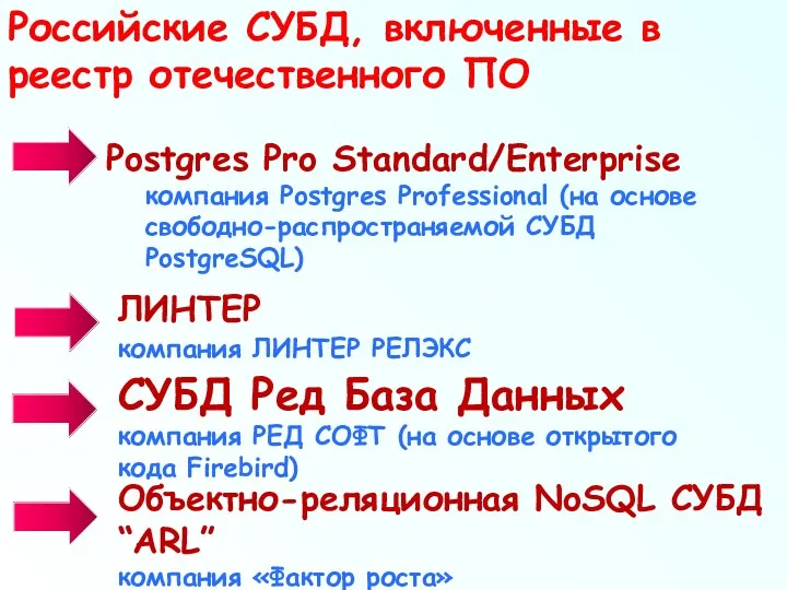 Российские СУБД, включенные в реестр отечественного ПО Postgres Pro Standard/Enterprise