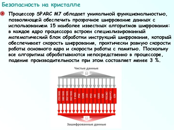 Процессор SPARC М7 обладает уникальной функциональностью, позволяющей обеспечить прозрачное шифрование