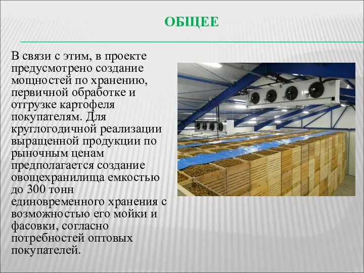 ОБЩЕЕ В связи с этим, в проекте предусмотрено создание мощностей по хранению, первичной