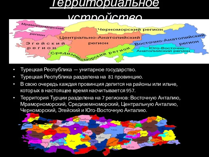 Территориальное устройство Турецкая Республика — унитарное государство. Турецкая Республика разделена