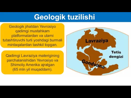 Geologik tuzilishi Geologik jihatdan Yevrosiyo qadimgi mustahkam platformalardan va ularni