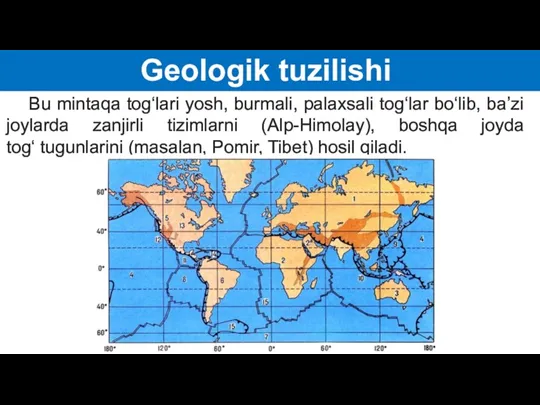 Geologik tuzilishi Bu mintaqa tog‘lari yosh, burmali, palaxsali tog‘lar bo‘lib,