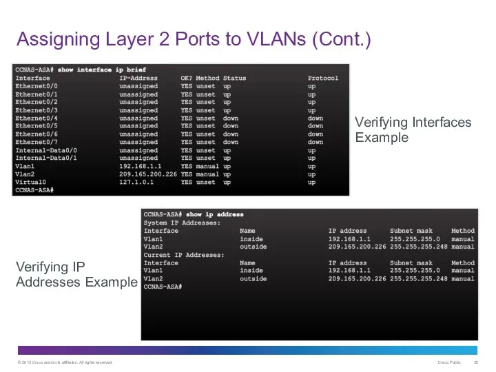 Assigning Layer 2 Ports to VLANs (Cont.) Verifying IP Addresses Example Verifying Interfaces Example