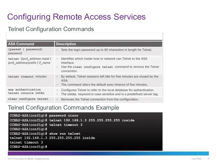 Configuring Remote Access Services Telnet Configuration Commands Example Telnet Configuration Commands