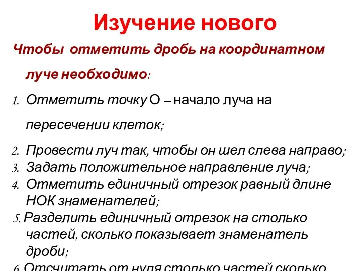 Изучение нового Чтобы отметить дробь на координатном луче необходимо: Отметить