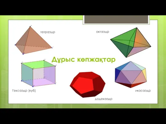 Дұрыс көпжақтар тетраэдр Гексаэдр (куб) октаэдр икосаэдр додекаэдр