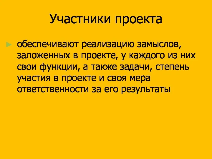 Участники проекта обеспечивают реализацию замыслов, заложенных в проекте, у каждого из них свои