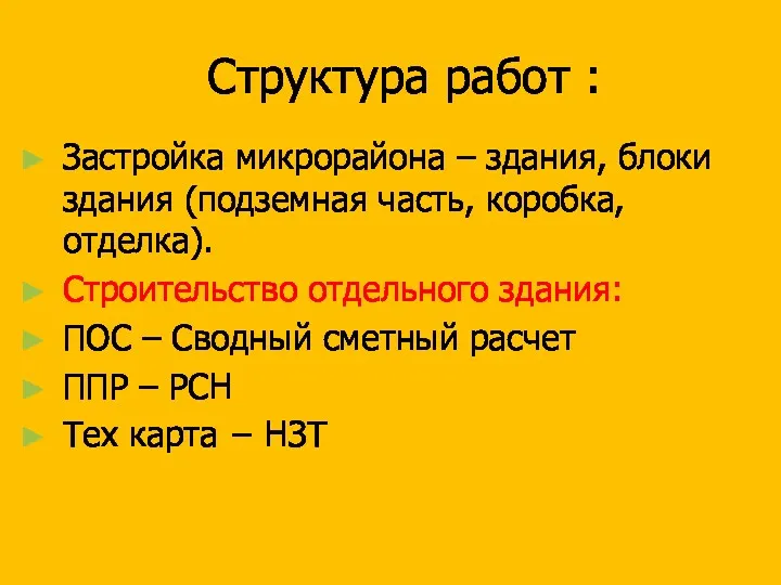 Структура работ : Застройка микрорайона – здания, блоки здания (подземная