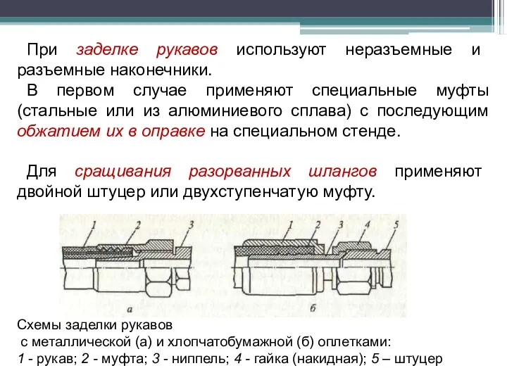 При заделке рукавов используют неразъемные и разъемные наконечники. В первом