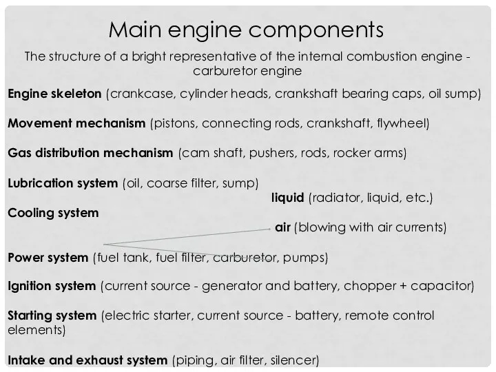 Main engine components The structure of a bright representative of
