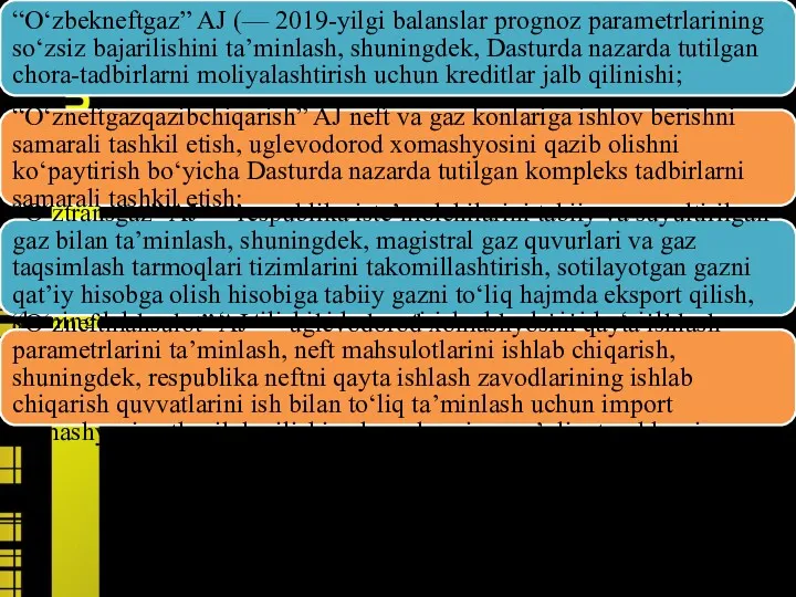 “O‘zbekneftgaz” AJ (— 2019-yilgi balanslar prognoz parametrlarining so‘zsiz bajarilishini ta’minlash,