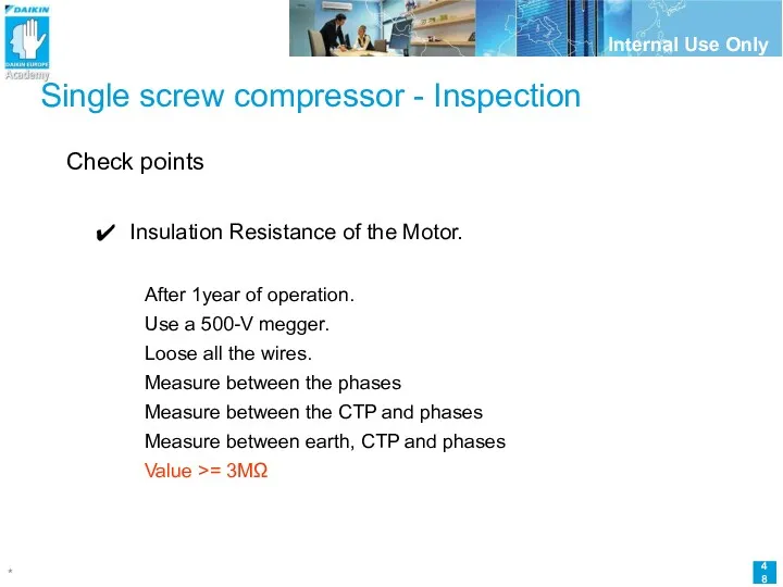 Single screw compressor - Inspection Check points Insulation Resistance of