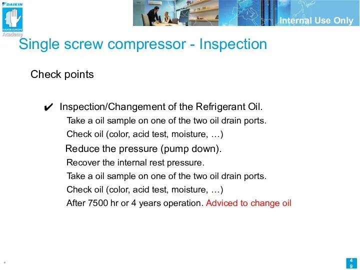 Single screw compressor - Inspection Check points Inspection/Changement of the