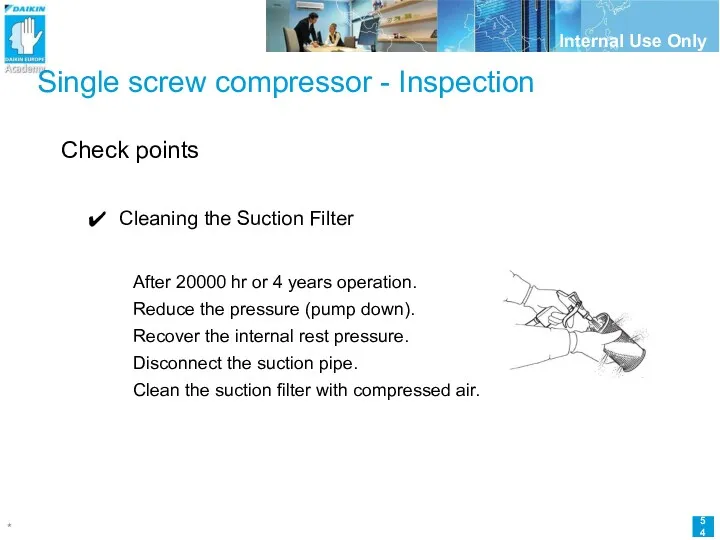 Single screw compressor - Inspection Check points Cleaning the Suction