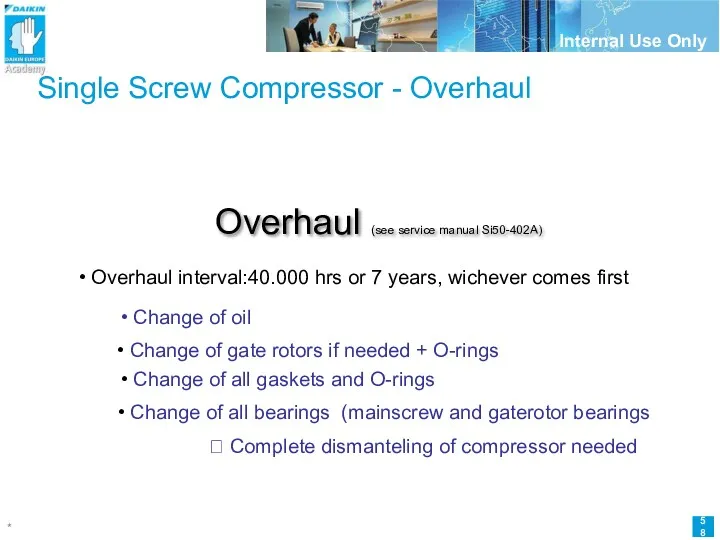 Single Screw Compressor - Overhaul Overhaul (see service manual Si50-402A)