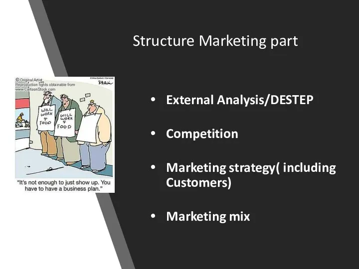 Structure Marketing part External Analysis/DESTEP Competition Marketing strategy( including Customers) Marketing mix