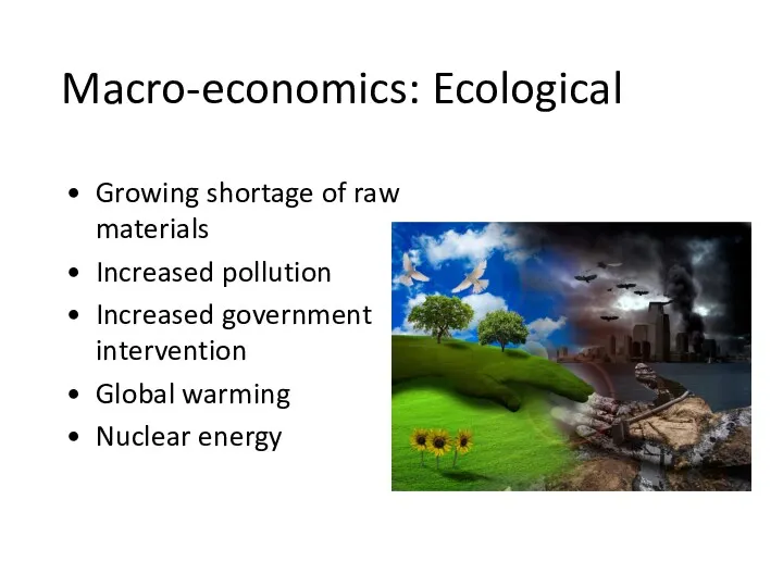 Macro-economics: Ecological Growing shortage of raw materials Increased pollution Increased government intervention Global warming Nuclear energy