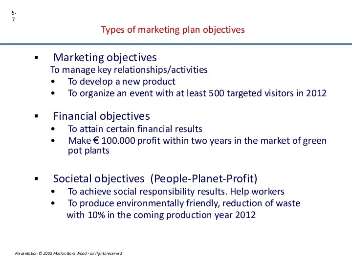 Types of marketing plan objectives Marketing objectives To manage key relationships/activities To develop
