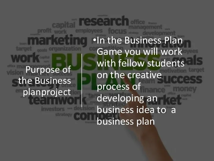 Purpose of the Business planproject In the Business Plan Game you will work