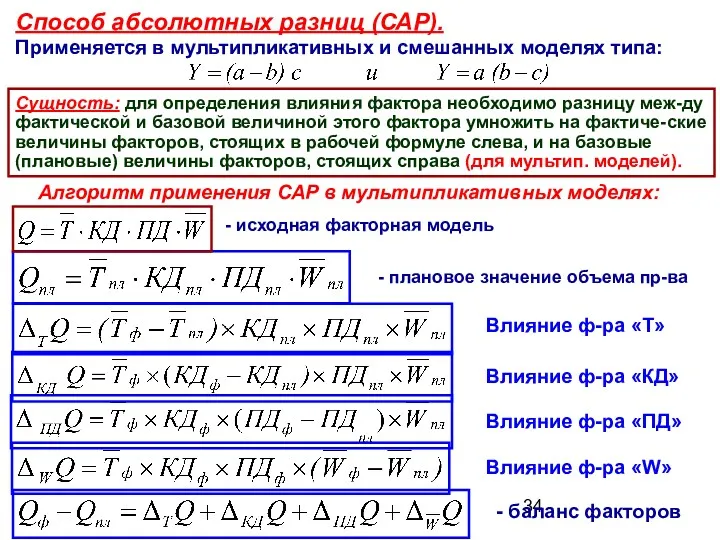 Способ абсолютных разниц (САР). Применяется в мультипликативных и смешанных моделях типа: Сущность: для