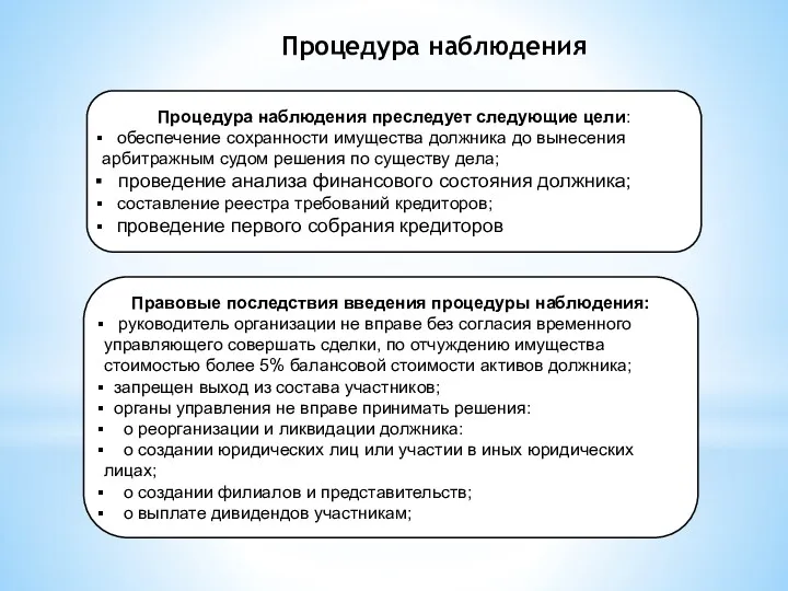 Процедура наблюдения Процедура наблюдения преследует следующие цели: обеспечение сохранности имущества