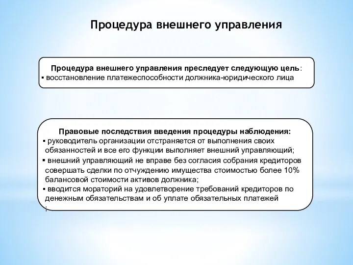 Процедура внешнего управления Процедура внешнего управления преследует следующую цель: восстановление