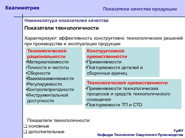 Характеризуют эффективность конструктивно технологических решений при производстве и эксплуатации продукции УрФУ Кафедра Технологии