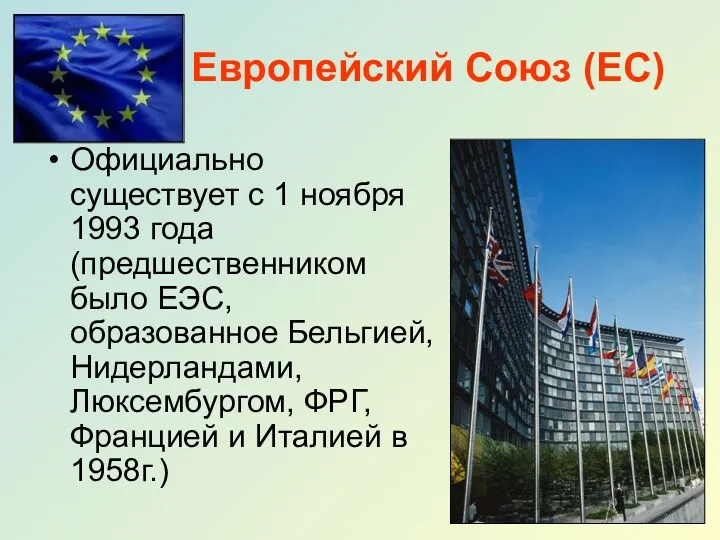 Европейский Союз (ЕС) Официально существует с 1 ноября 1993 года