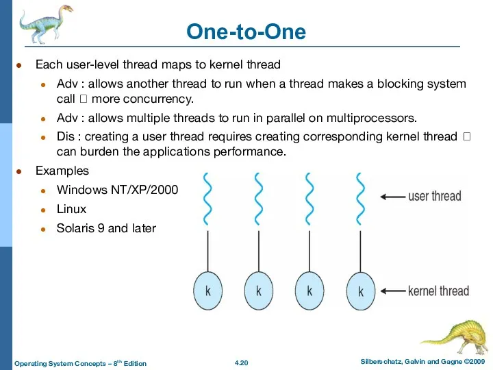One-to-One Each user-level thread maps to kernel thread Adv :