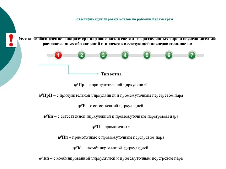 Классификация паровых котлов по рабочим параметрам Условное обозначение типоразмера парового котла состоит из