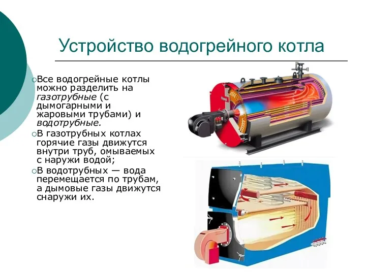 Устройство водогрейного котла Все водогрейные котлы можно разделить на газотрубные (с дымогарными и