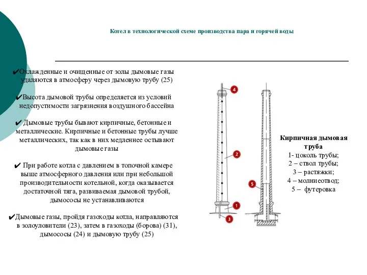 Котел в технологической схеме производства пара и горячей воды Кирпичная дымовая труба 1-