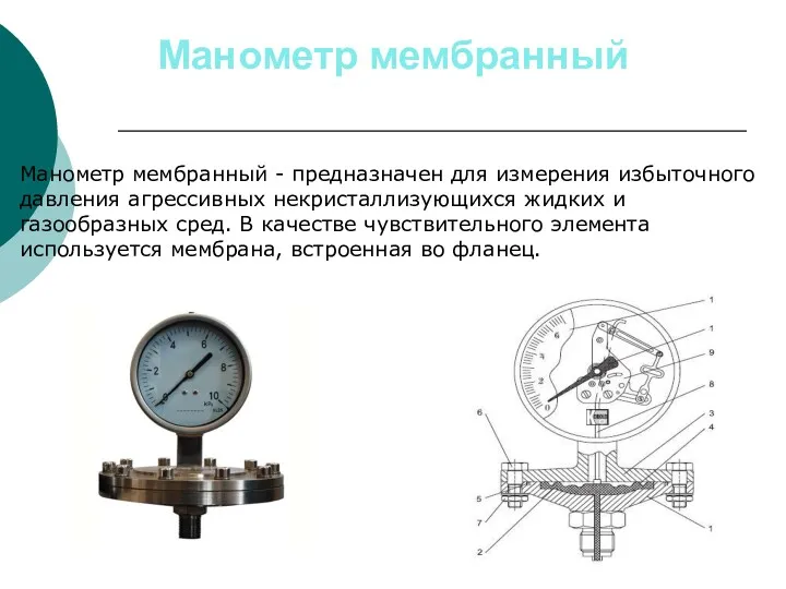 Манометр мембранный Манометр мембранный - предназначен для измерения избыточного давления агрессивных некристаллизующихся жидких