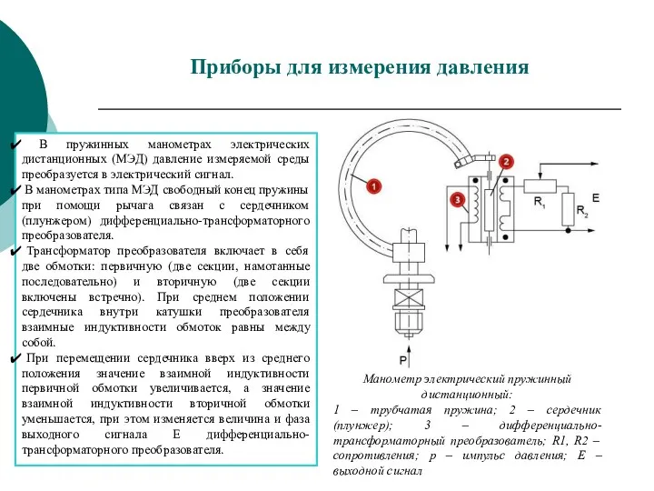 Приборы для измерения давления Манометр электрический пружинный дистанционный: 1 – трубчатая пружина; 2